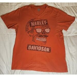 Harley Davidson Skull Graphic Print T Shirt Womens L V-Neck Orange